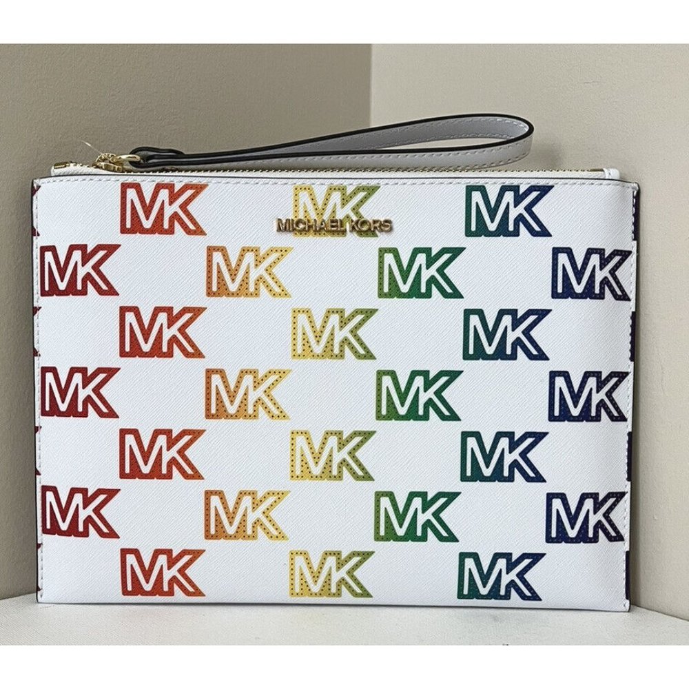 New Michael Kors Jet Set Travel X-Large Zip Clutch Wristlet Pride Optic White